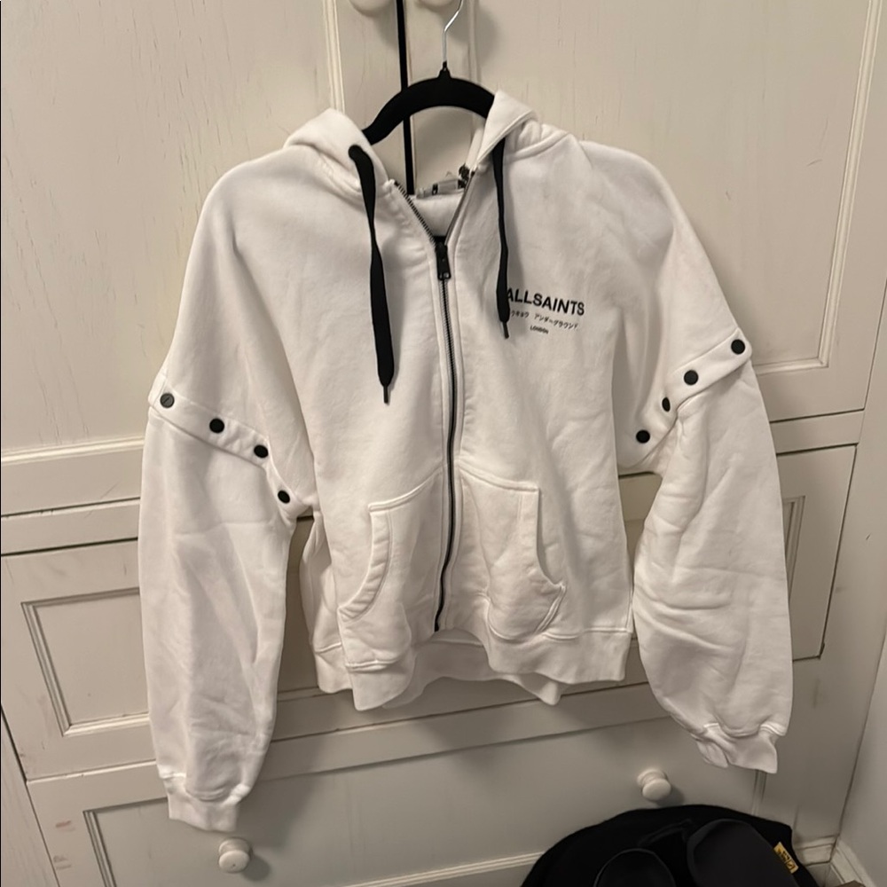 All Saints White Zip-Up Hoodie with Black Details